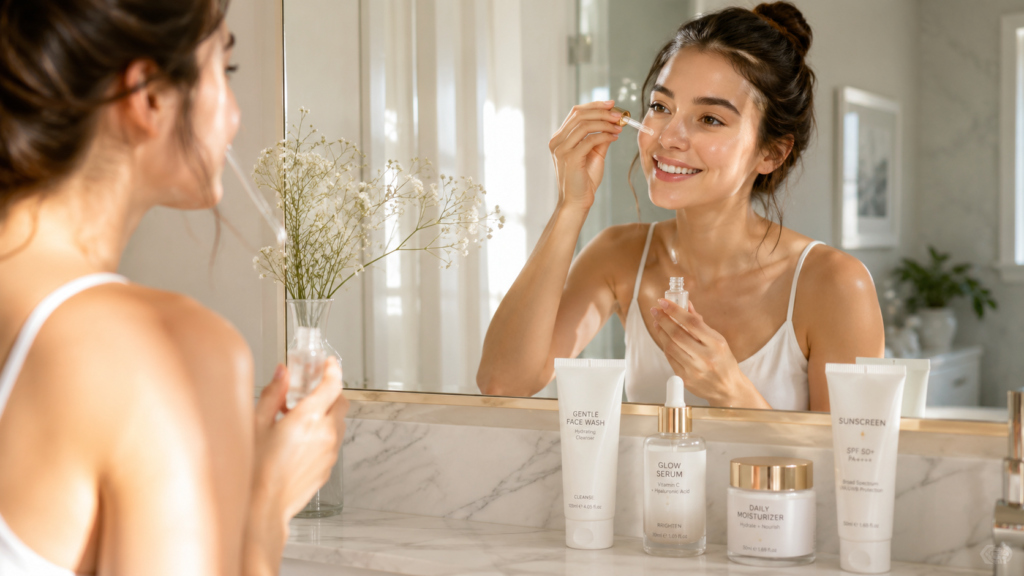 Woman washing her face with a gentle facial cleanser during a beginner skincare routine