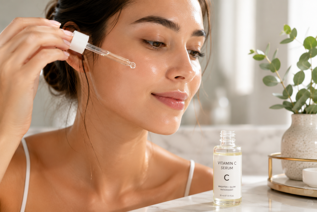 Woman applying Vitamin C serum to her face during a beginner skincare routine