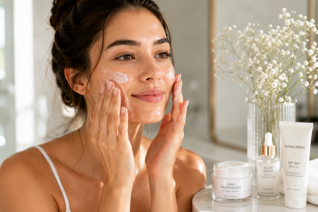 Woman applying moisturizer to her face during a beginner skincare routine