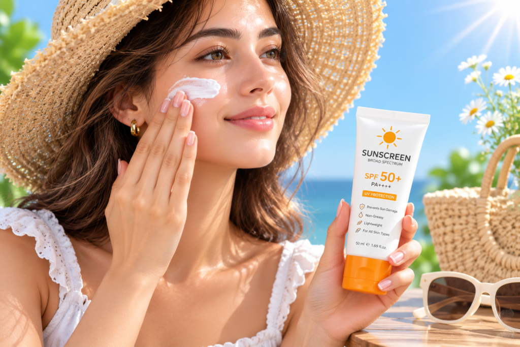 Woman applying sunscreen to her face during a beginner skincare routine