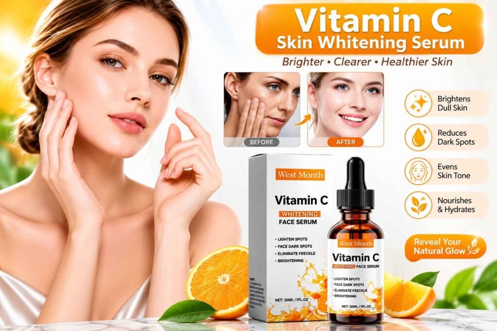 West Month Vitamin C Face Serum for brightening skin, reducing dark spots, fading pigmentation, and improving uneven skin tone for a healthy, glowing complexion.