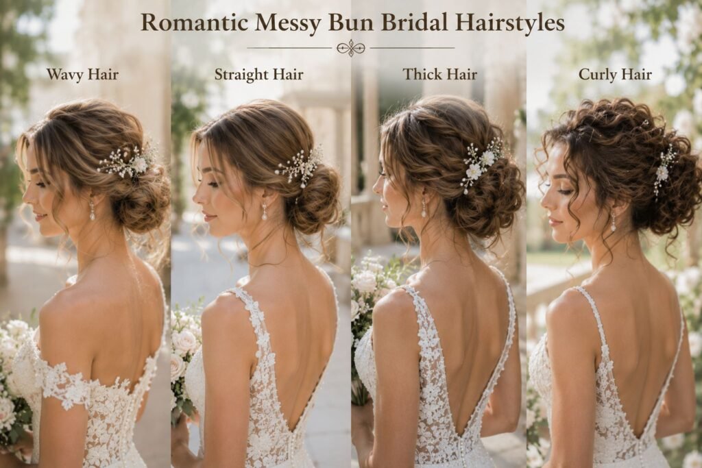 Messy bridal bun hairstyle with loose face-framing strands and romantic accessories.