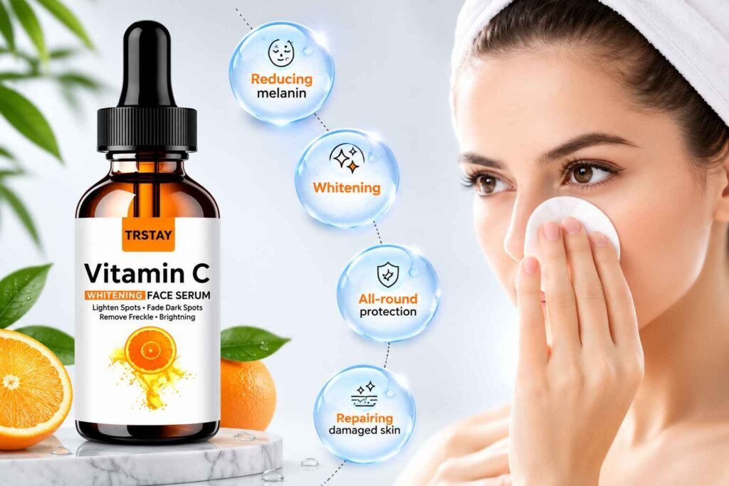 TRSTAY Vitamin C Face Serum for reducing dark spots, brightening skin, improving uneven skin tone, and supporting healthy, glowing skin.
