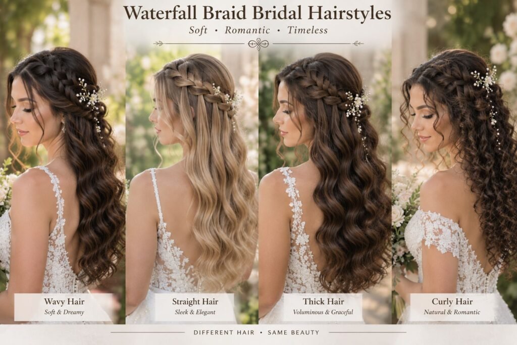 Waterfall braid bridal hairstyle with cascading waves and delicate pearl accessories.