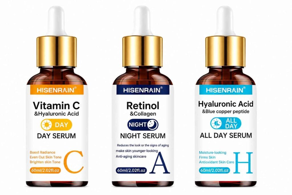 HISENRAIN Vitamin C, Hyaluronic Acid, and Retinol Face Serum set for day and night skincare routine.