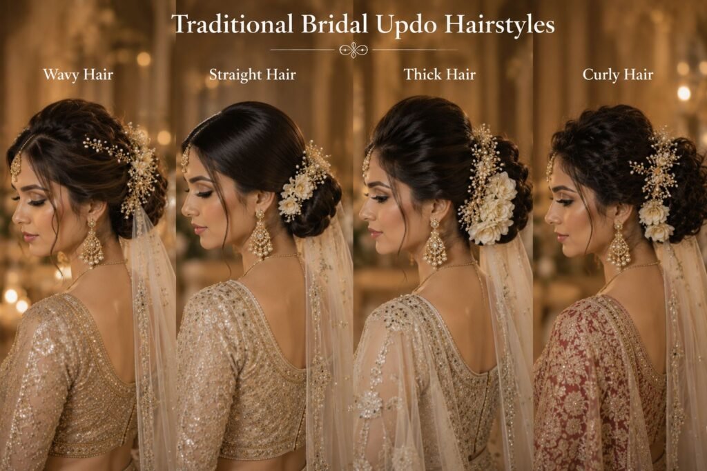 Traditional bridal updo decorated with flowers, pearls, jewelry, and a wedding veil.