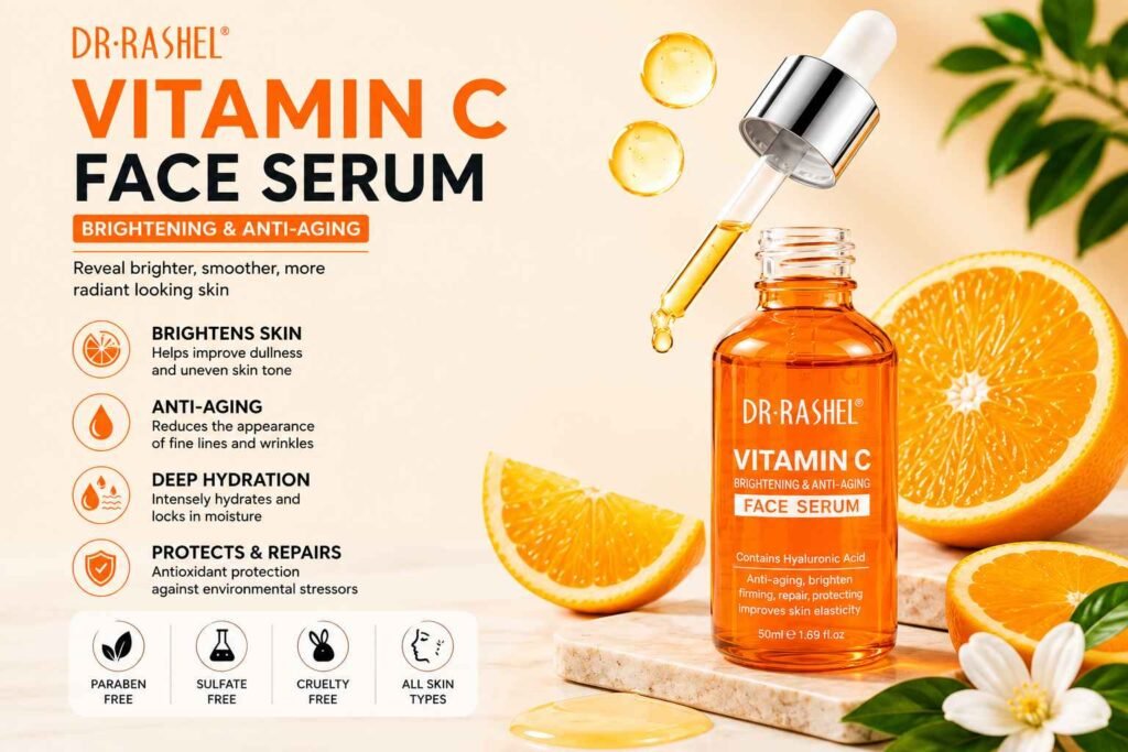 DR.RASHEL Vitamin C Face Serum with Hyaluronic Acid for brightening, anti-aging, and deep skin hydration.