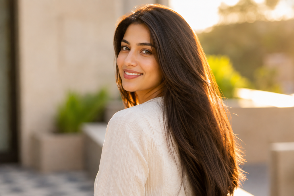 Healthy shiny hair after hair care routine