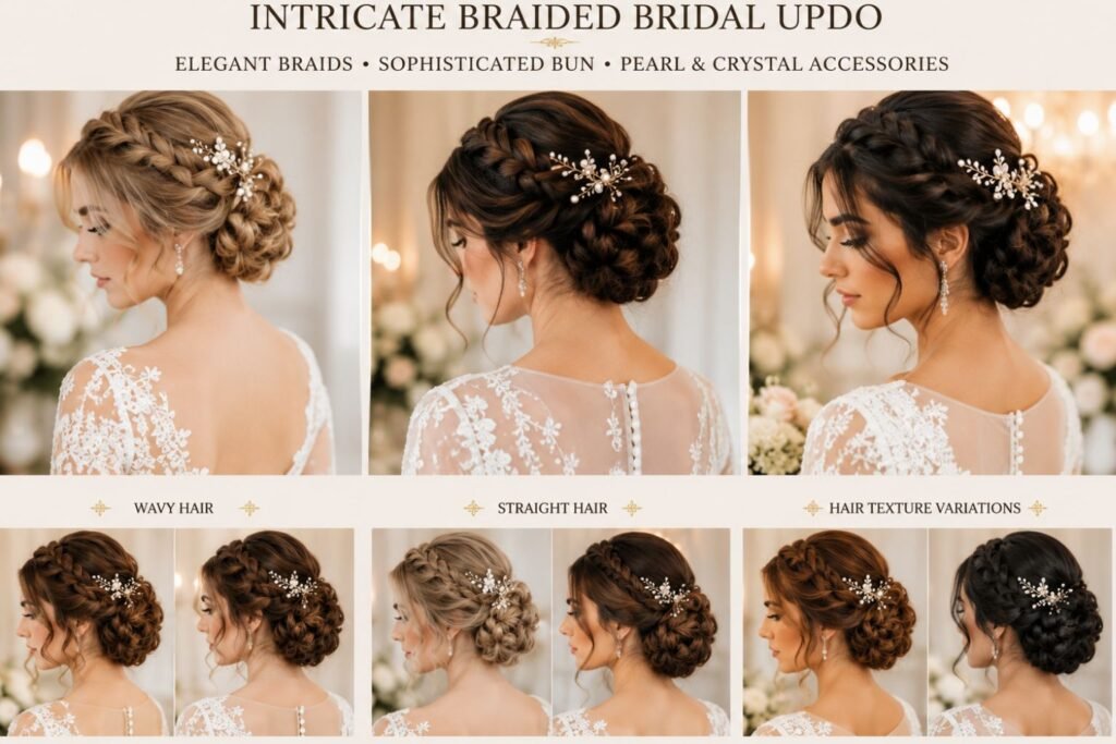 Intricate braided bridal updo decorated with delicate pearl and crystal accessories.