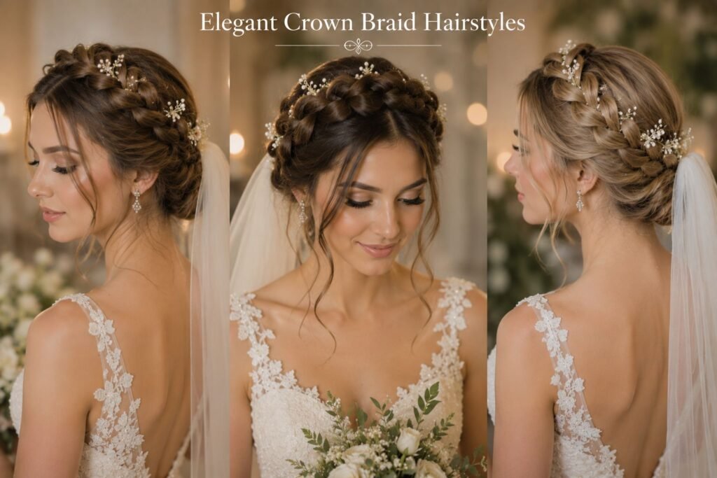 Bridal crown braid hairstyle with soft face-framing strands and pearl accessories.