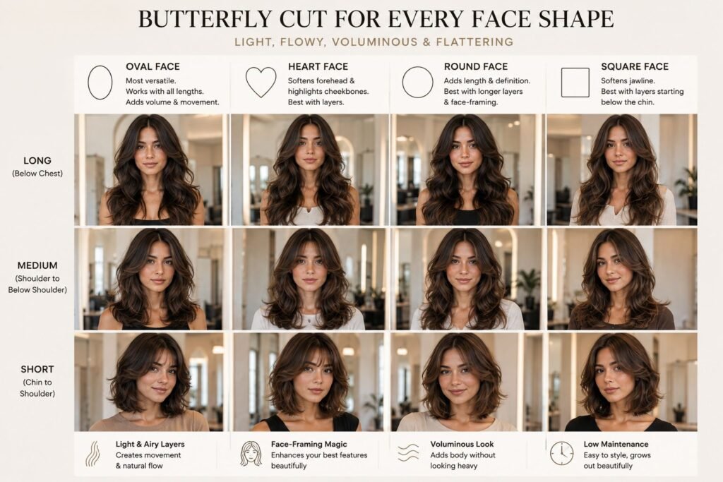 Butterfly cut hairstyle for women featuring layered hair with volume and face-framing pieces.
