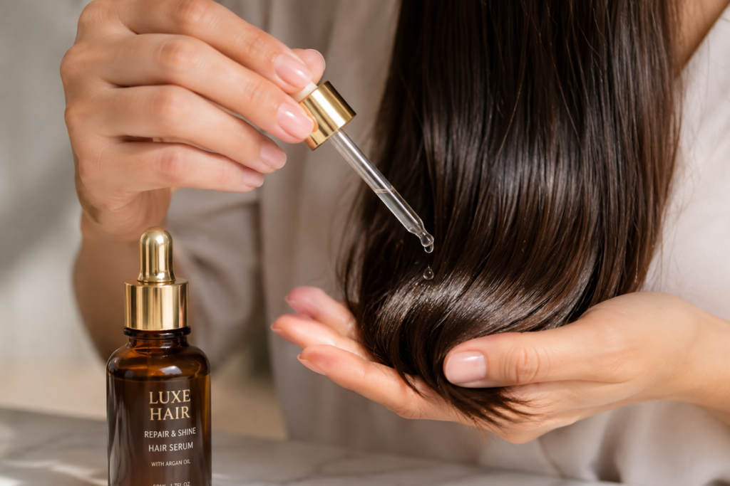 Applying hair serum to hair ends