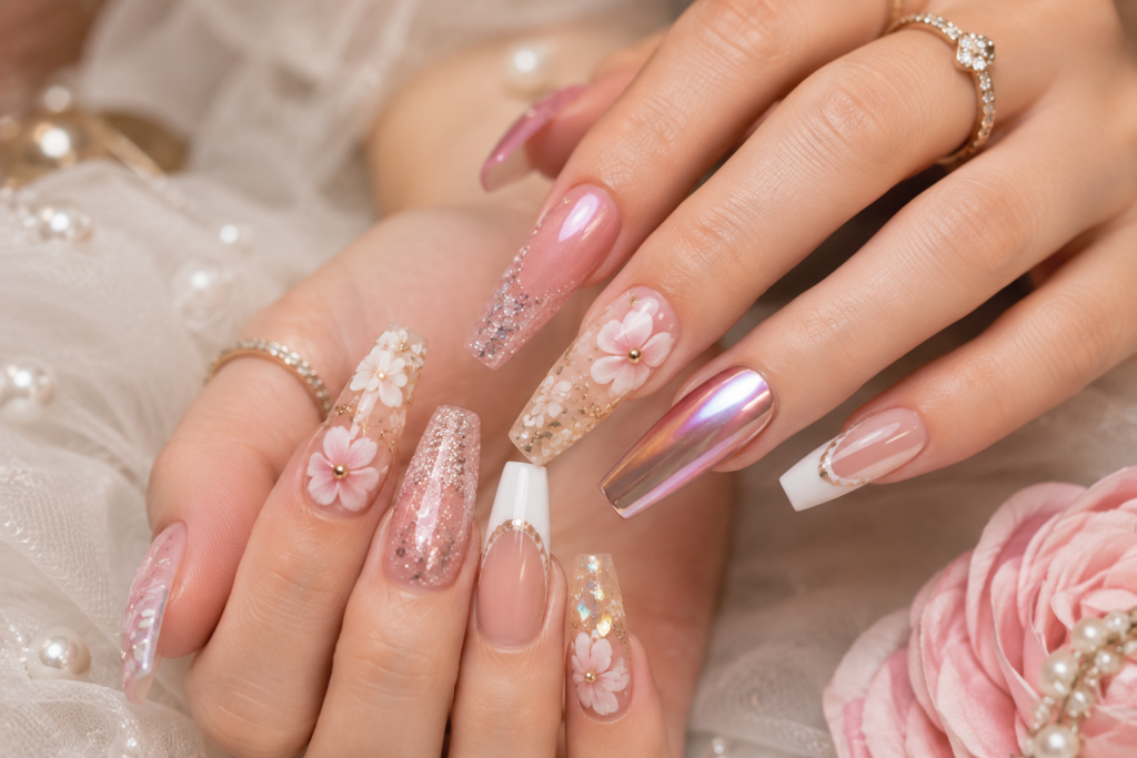 Beautiful floral and glitter acrylic nails