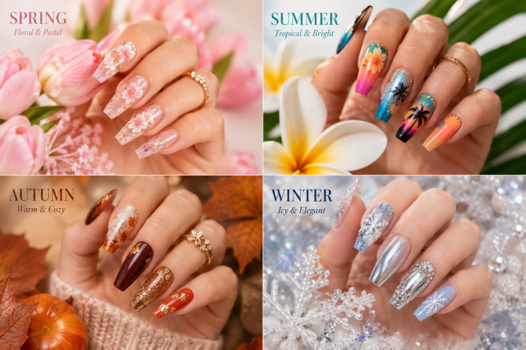 Seasonal acrylic nail ideas for spring summer autumn and winter