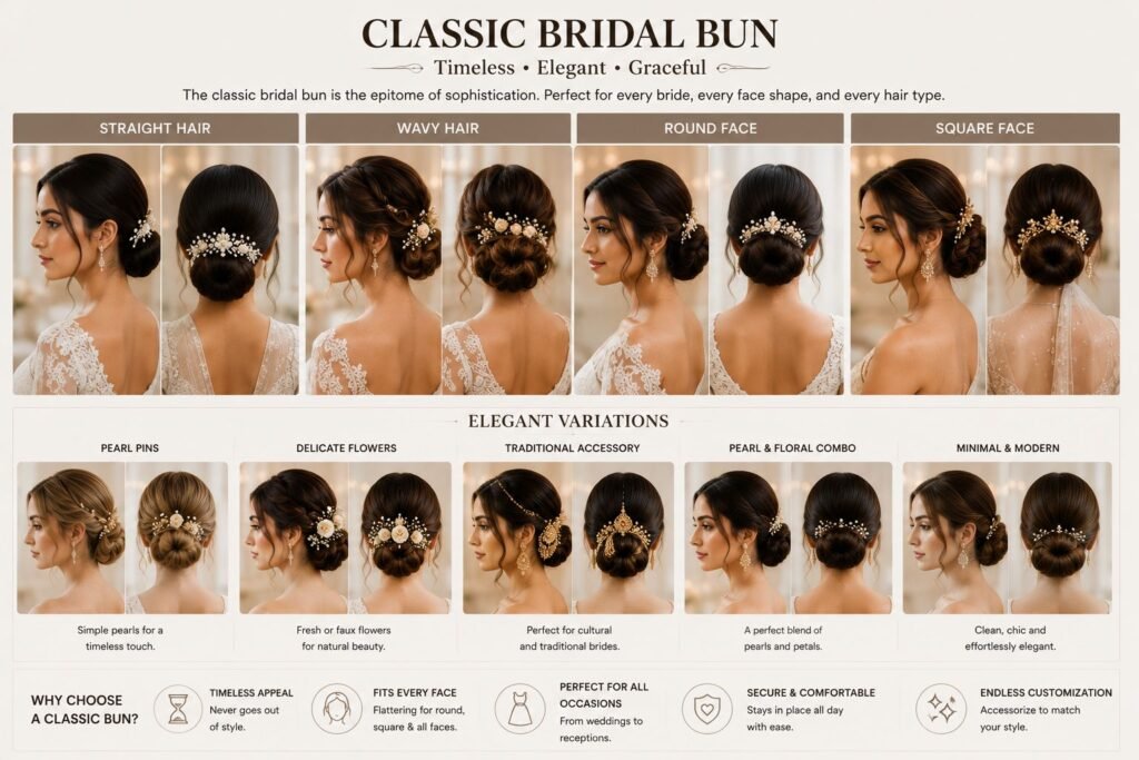 Classic bridal bun hairstyle with pearl accessories for an elegant wedding look.