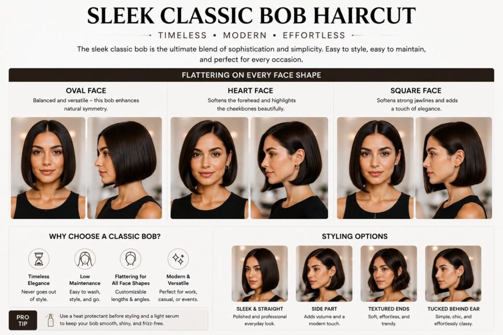 Classic bob hairstyle for women with sleek chin-length hair and an elegant modern look.
