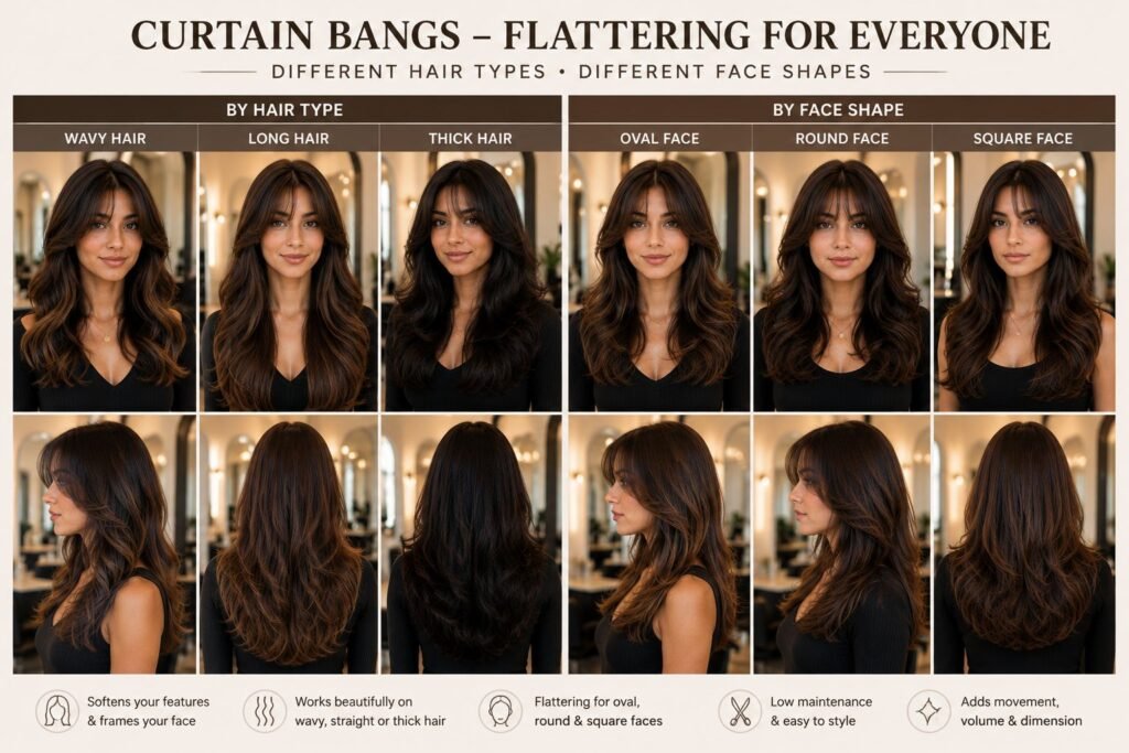 Curtain bangs hairstyle for women with soft layers that frame the face beautifully.