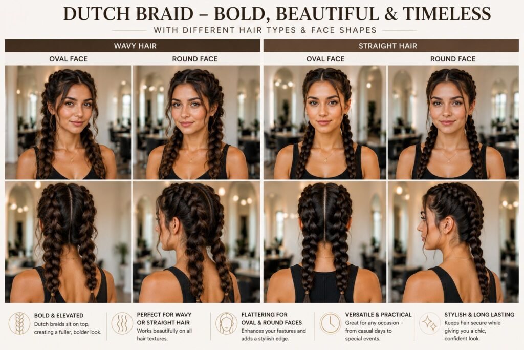 Dutch braid hairstyle for women with a stylish raised braided design.