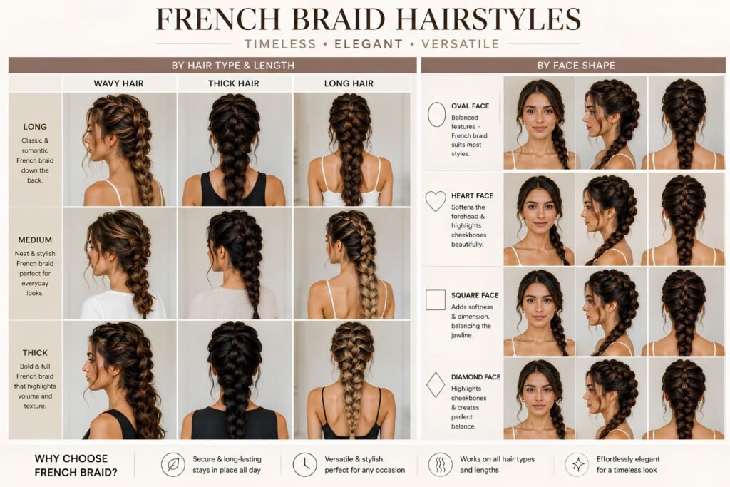 French braid hairstyle for women with an elegant and timeless braided look.