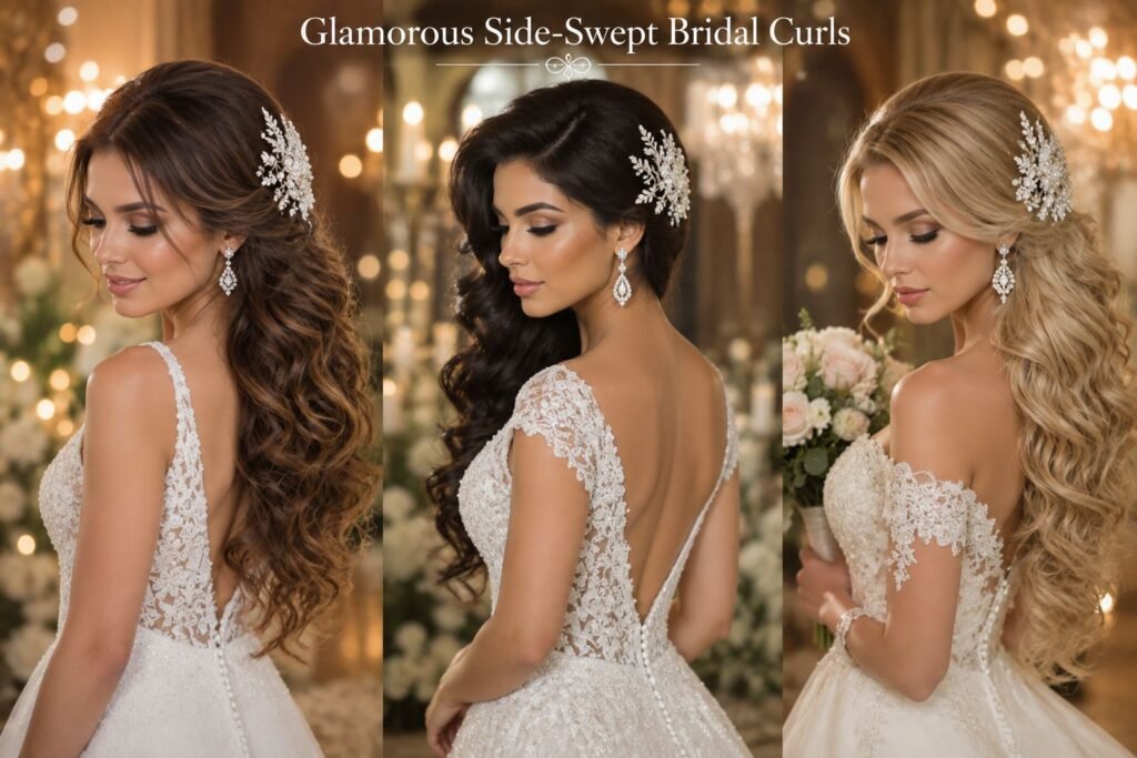 Side-Swept Curls – Glamorous Bridal Hairstyle