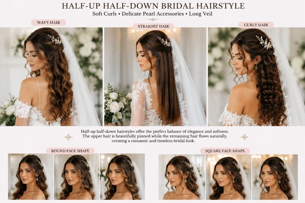Half-up half-down bridal hairstyle with soft curls and delicate hair accessories.