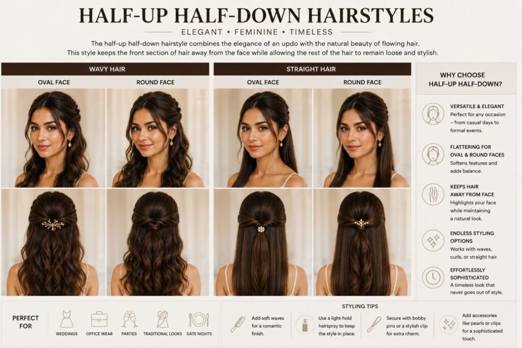 Half-up half-down hairstyle for women with flowing waves and elegant styling.