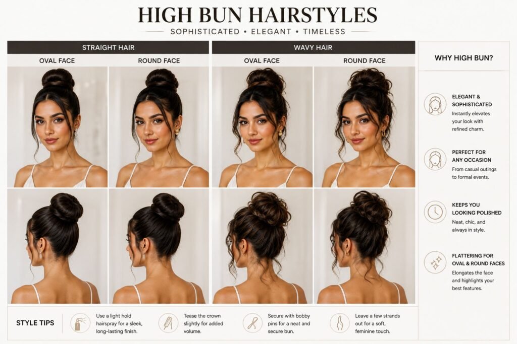 High bun hairstyle for women with an elegant and sophisticated appearance.