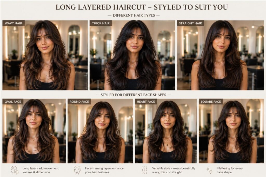 Long layered hairstyle for women with soft waves, volume, and beautiful natural movement.