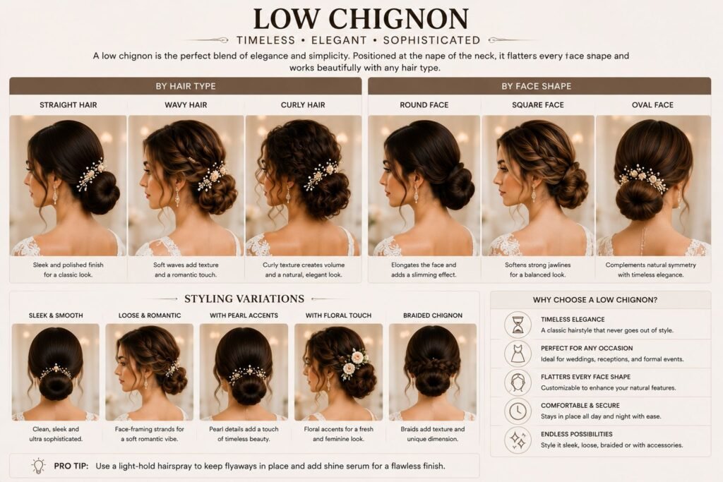 Elegant low chignon bridal hairstyle with a sophisticated wedding look.