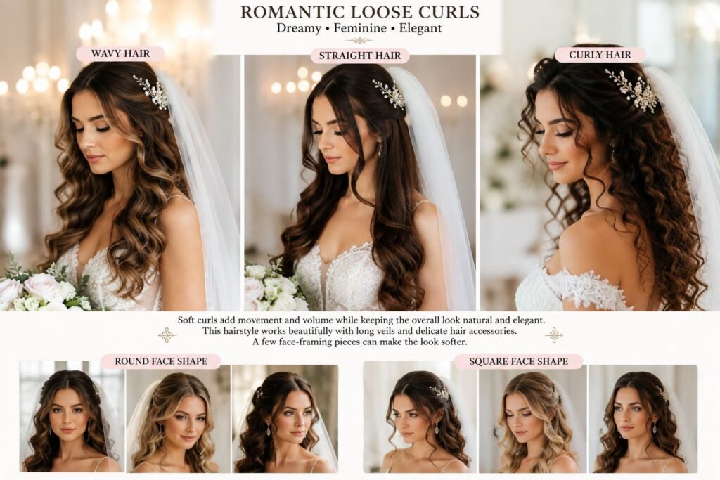 Romantic loose curls bridal hairstyle with soft waves and elegant volume.