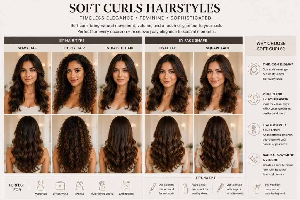 Soft curls hairstyle for women with romantic waves and a glamorous finish.