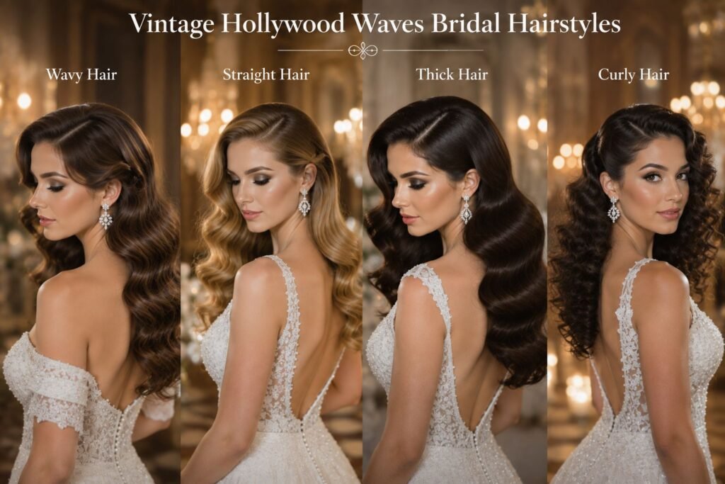 Vintage Hollywood waves bridal hairstyle with glamorous glossy curls.