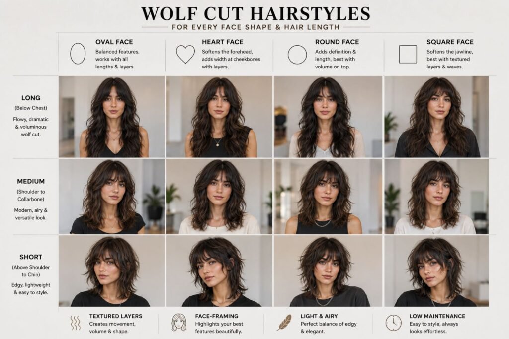 Wolf cut hairstyle for women with textured layers and a trendy modern appearance.