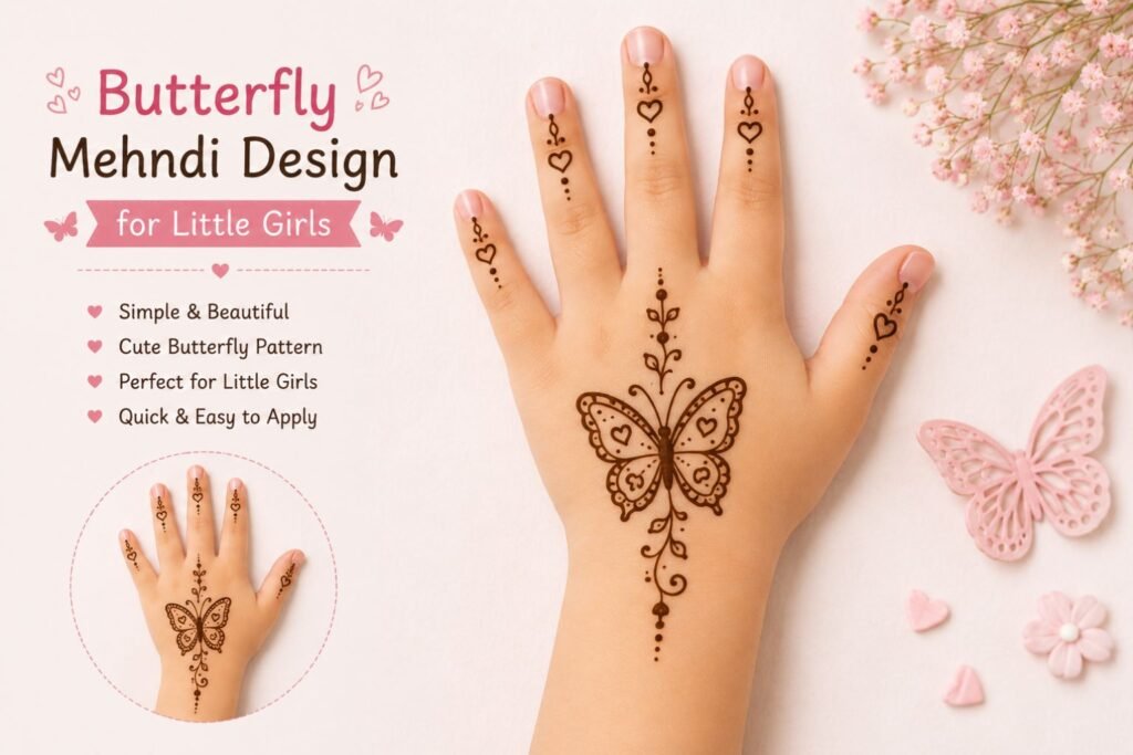 Cute butterfly mehndi design for a little girl featuring delicate butterfly wings and floral henna details.