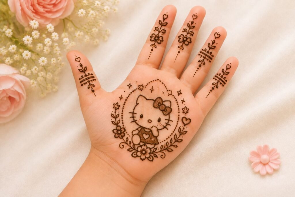 Cartoon-inspired mehndi design for a little girl featuring playful floral, heart, and star henna patterns.