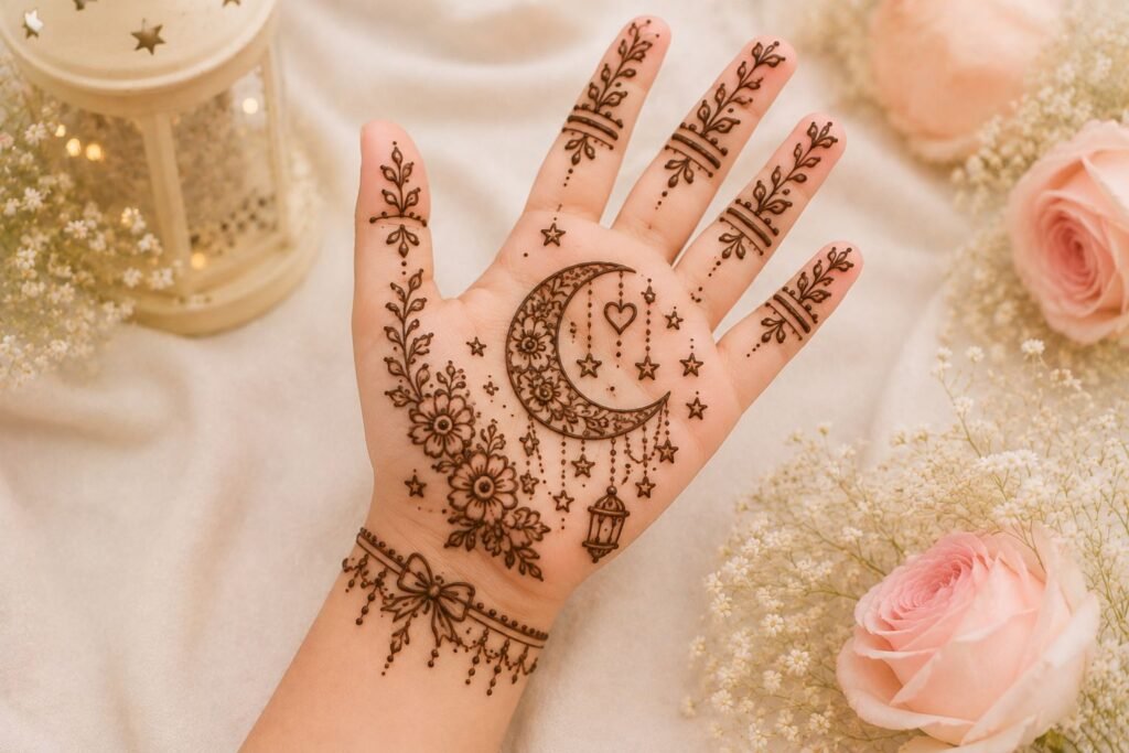 Cute Eid mehndi design for a little girl featuring floral patterns, a crescent moon, and tiny stars.