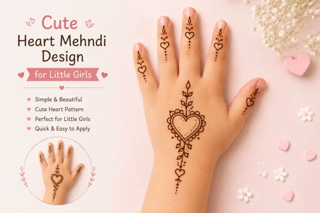 Cute heart mehndi design for a little girl featuring small hearts and delicate floral henna patterns.