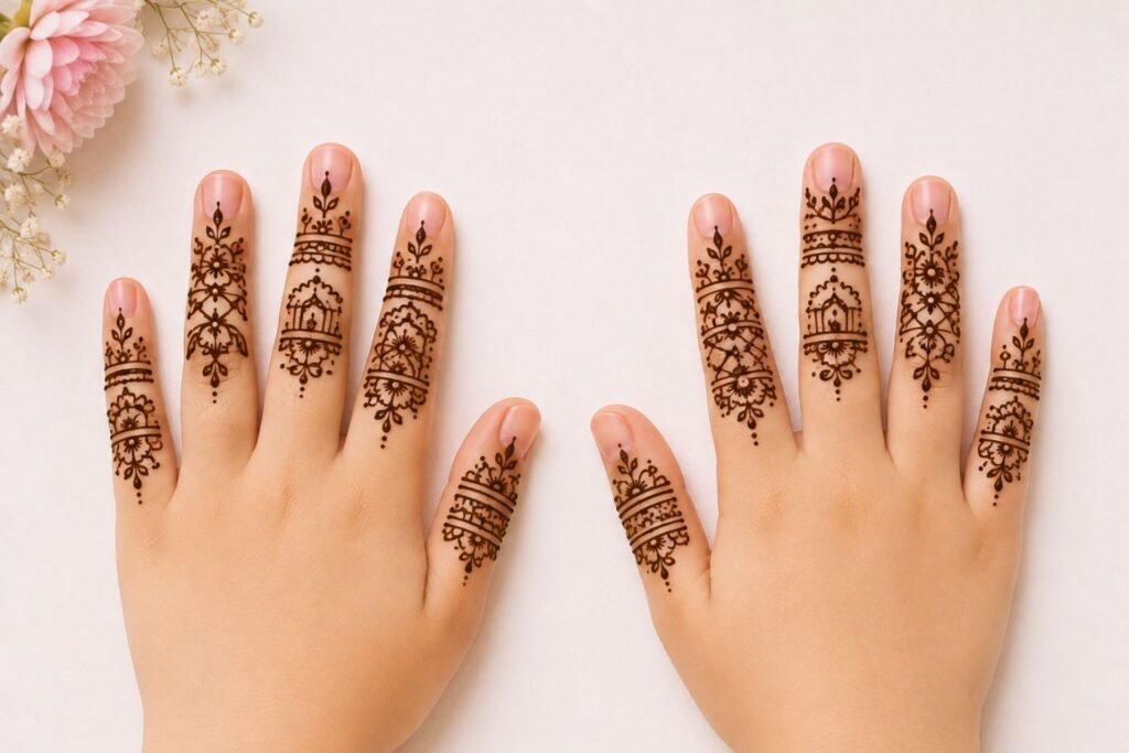 Easy finger mehndi design for a little girl featuring delicate floral and fingertip henna patterns.