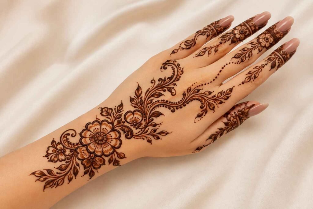 Elegant back hand Eid mehndi design featuring intricate floral and lace-inspired henna patterns for 2026.