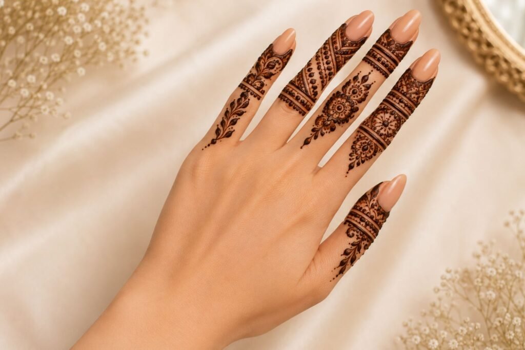 Minimal finger Eid mehndi design featuring elegant floral and geometric henna patterns for 2026.