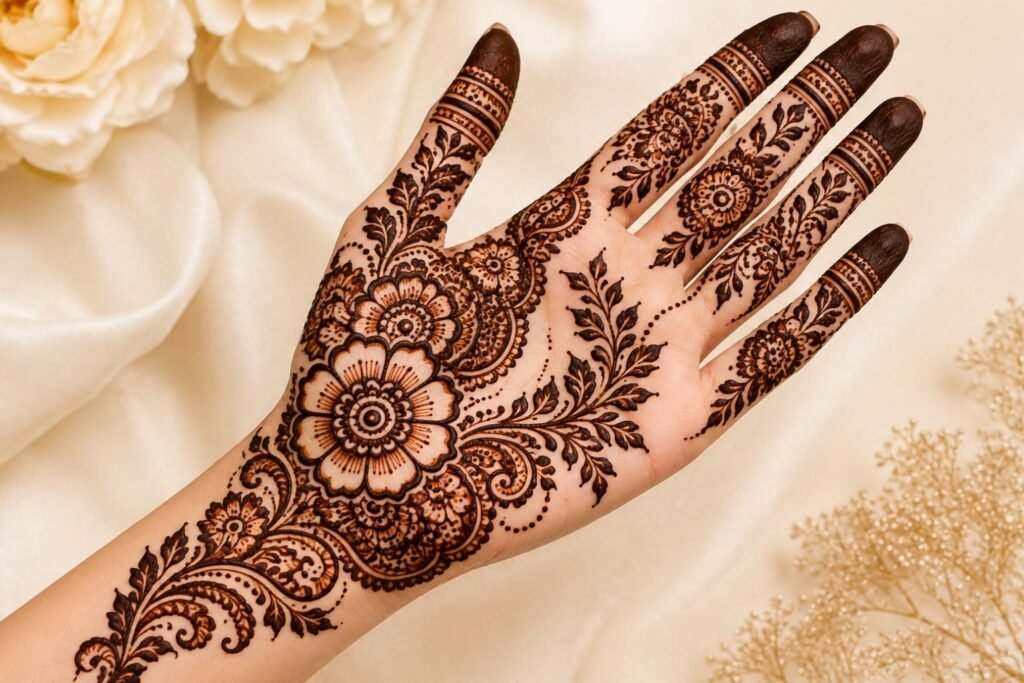 Beautiful floral Eid mehndi design with elegant rose flowers and leafy henna patterns for 2026.