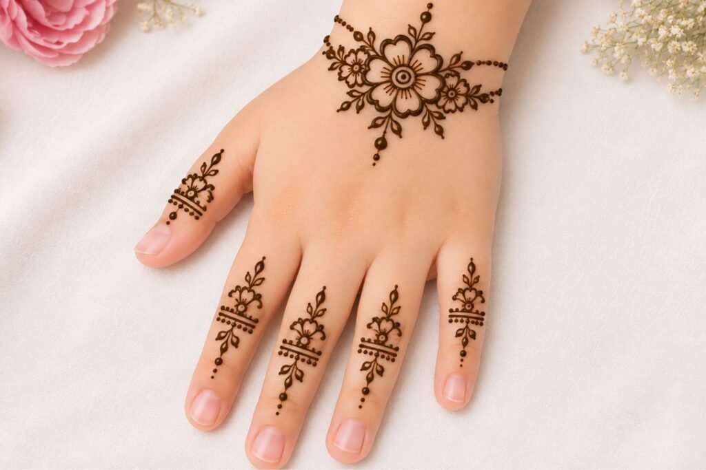Flower bracelet mehndi design for a little girl featuring a floral wrist pattern with delicate henna details.