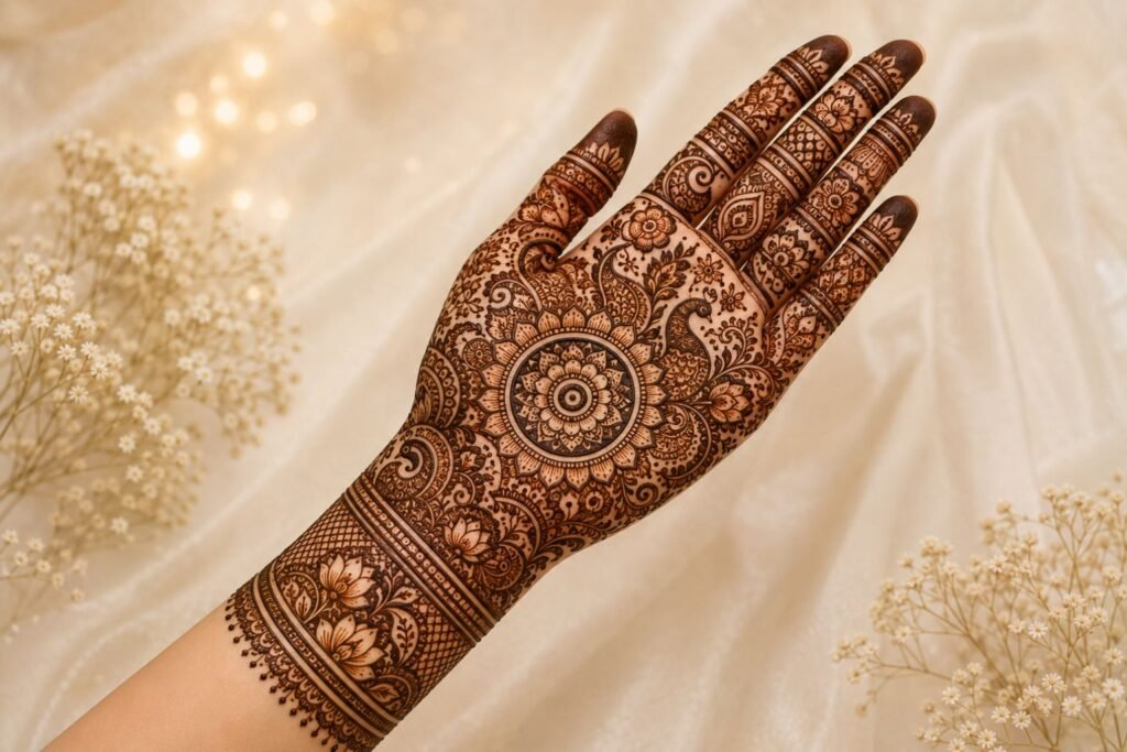 Full hand bridal Eid mehndi design with intricate paisley and floral henna artwork for 2026.