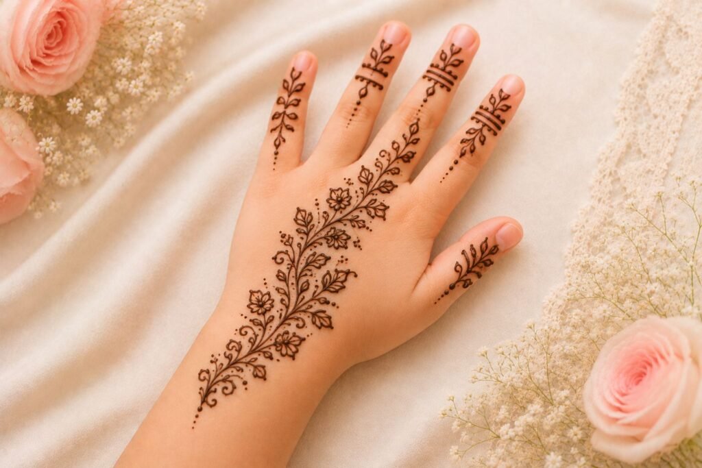 Leaf vine mehndi design for a little girl featuring delicate leafy vines and elegant henna details.