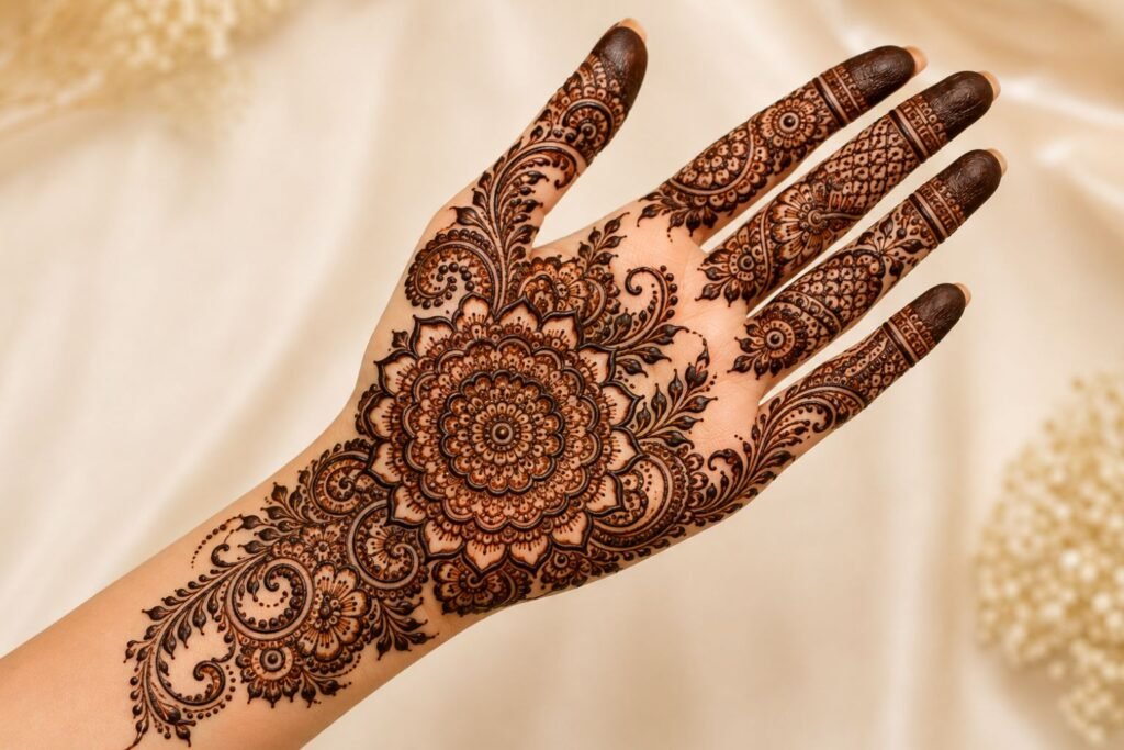 Elegant mandala Eid mehndi design featuring a detailed circular henna pattern on the palm for 2026.