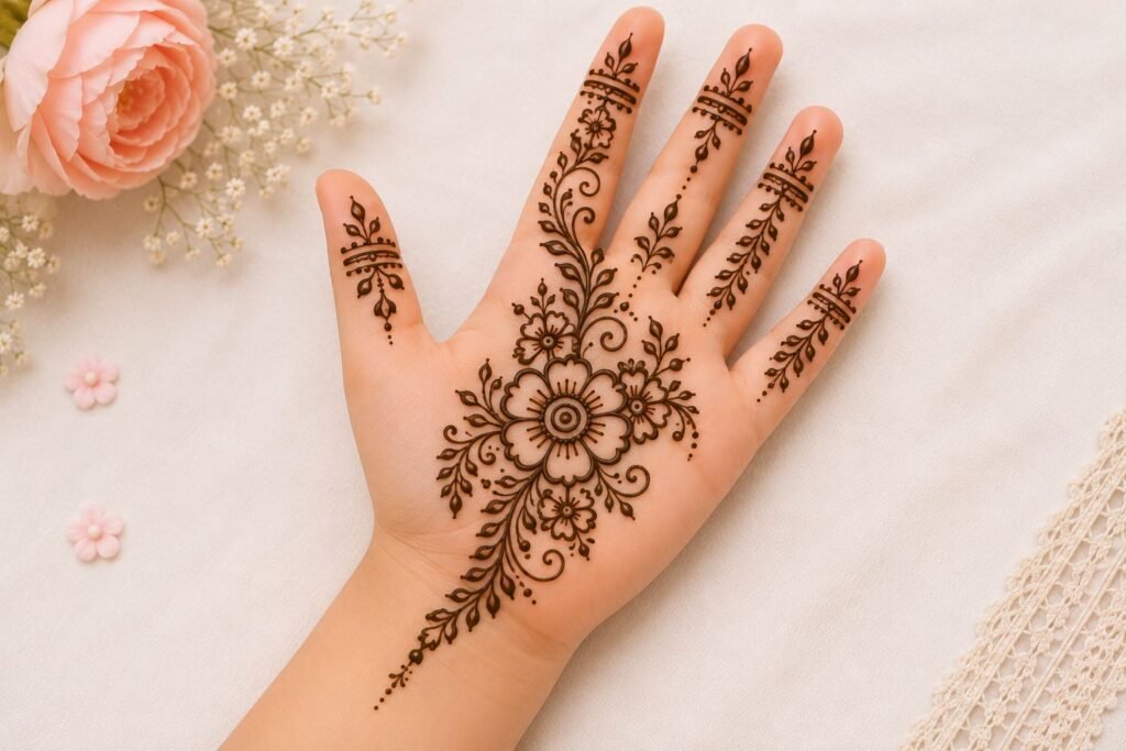 Minimal palm mehndi design for a little girl featuring a delicate floral centerpiece and elegant henna details.