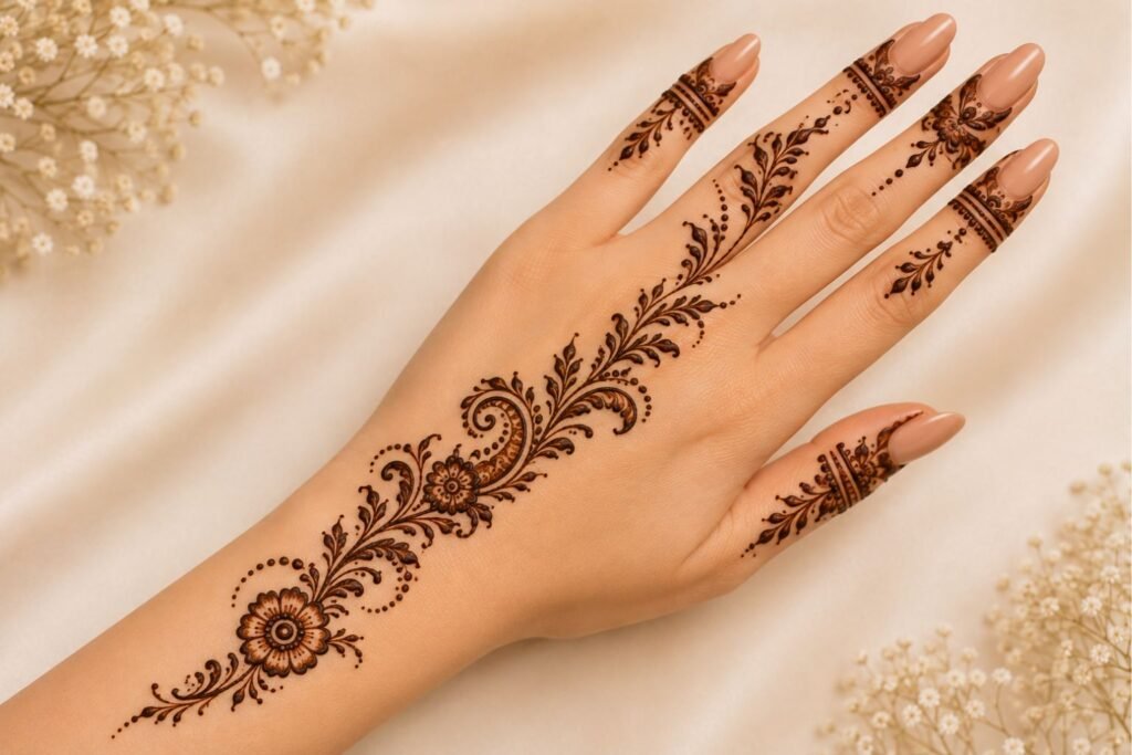 Minimalist Eid mehndi design featuring elegant floral and fine line henna patterns for 2026.