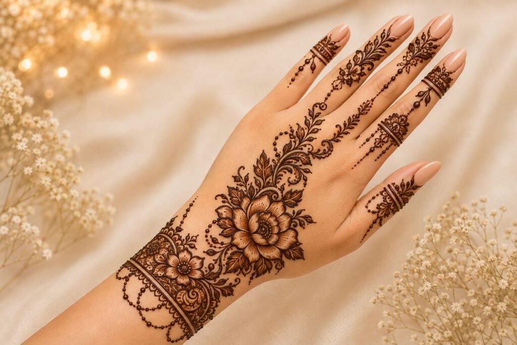 Modern stylish Eid mehndi design with elegant floral and geometric henna patterns for 2026.