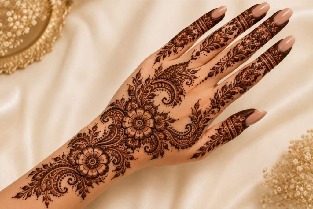 Traditional Pakistani Eid mehndi design featuring elegant paisley, floral, and leafy henna patterns for 2026.