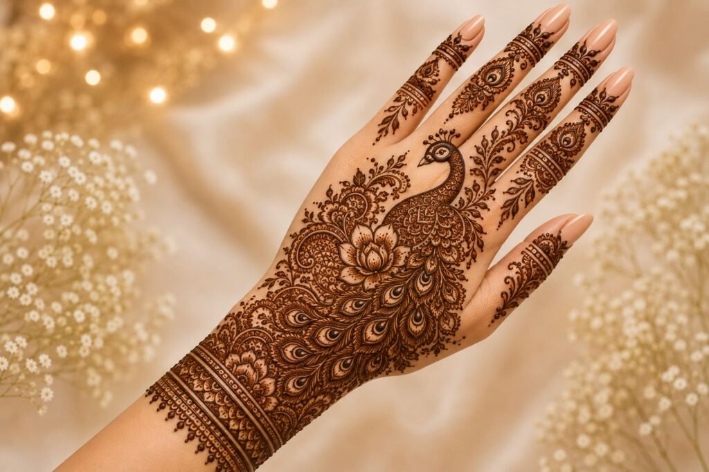 Elegant peacock Eid mehndi design featuring detailed feather and floral henna artwork for 2026.